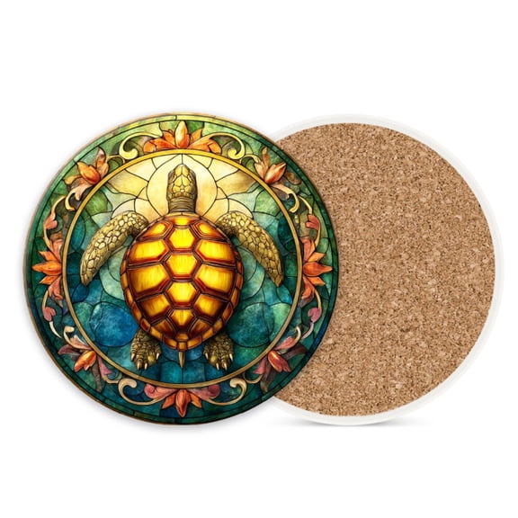 Ceramic Stone Cork Coasters for Drinks Tableware, Stained Glass Style Turtle Round Absorbent Durable Aesthetic Art Cup Mat Protects Tables and Surfaces Set of 1 (4*4 Inch)