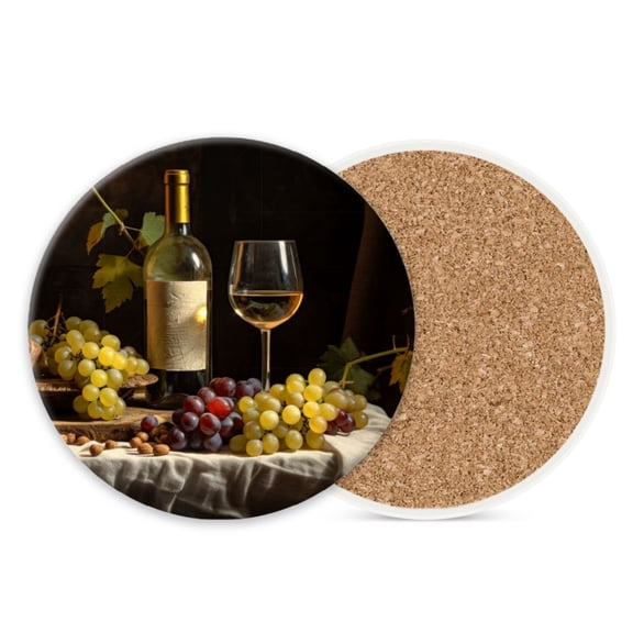 Ceramic Stone Cork Drink Coasters Set of 1, Bottle of White Wine with Grapes and Nuts Round Absorbent Non-Slip Durable Genuine Cork Stuffers Coasters for Coffee Bar Kitchen Office (4*4 Inch)