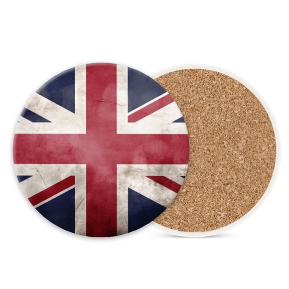 Ceramic Stone Cork Drink Coasters Set of 1, British Flag with Grunge Texture Round Absorbent Non-Slip Durable Genuine Cork Stuffers Coasters for Coffee Bar Kitchen Office (4*4 Inch)