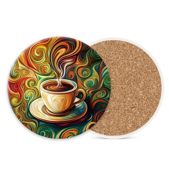 Ceramic Stone Cork Drink Coasters Set of 1, Coffee Cup in Sea of Colors Round Absorbent Non-Slip Durable Genuine Cork Stuffers Coasters for Coffee Bar Kitchen Office (4*4 Inch)