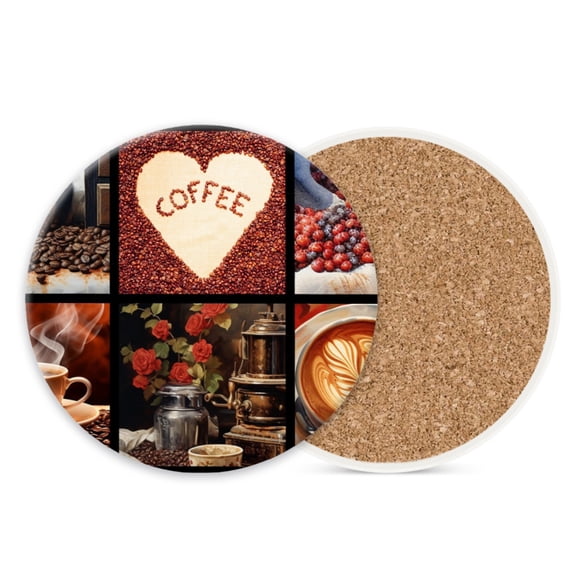 Ceramic Stone Cork Drink Coasters Set of 1, Collage of Coffee with Heart Round Absorbent Non-Slip Durable Cup Coasters for Coffee Bar Kitchen Office (4*4 Inch)