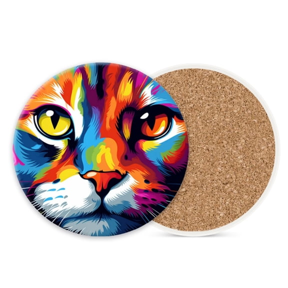 Ceramic Stone Cork Drink Coasters Set of 1, Colorful Cat Face Round Absorbent Non-Slip Durable Genuine Cork Stuffers Coasters for Coffee Bar Kitchen Office (4*4 Inch)