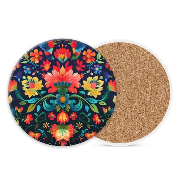 1 Pcs Coffee Cup Coasters for Drinks, Colorful Floral Traditional Ukrainian Folk Art Round Absorbent Non-Slip Ceramic Stone Cork Coasters for Kitchen Living Room Office Bar (4*4 Inch)