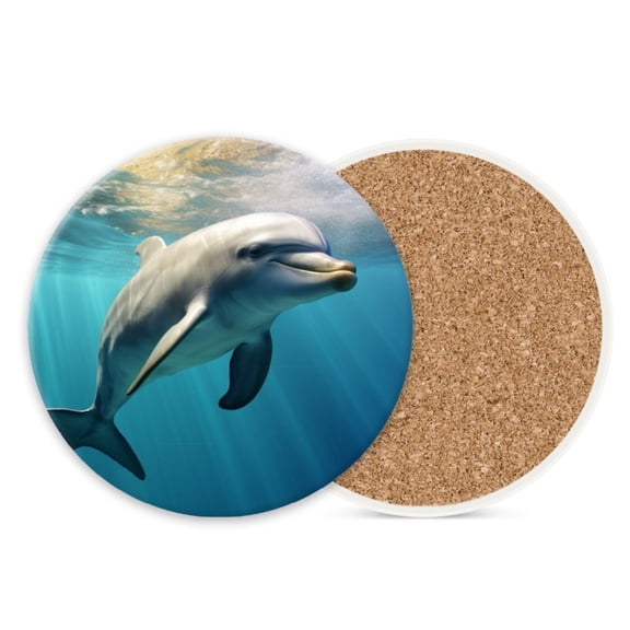 Ceramic Stone Cork Drink Coasters Set of 1, Cute Dolphin Swimming in Blue Sea Round Absorbent Non-Slip Durable Genuine Cork Stuffers Coasters for Coffee Bar Kitchen Office (4*4 Inch)