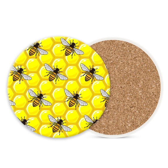 Ceramic Stone Cork Drink Coasters Set of 1, Honeycombs Background with Bee Round Absorbent Non-Slip Durable Genuine Cork Stuffers Coasters for Coffee Bar Kitchen Office (4*4 Inch)