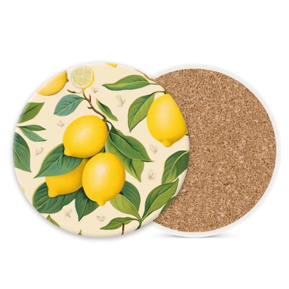 Ceramic Stone Cork Drink Coasters Set of 1, Lemons and Leaves on Cream Background Round Absorbent Non-Slip Durable Genuine Cork Stuffers Coasters for Coffee Bar Kitchen Office (4*4 Inch)