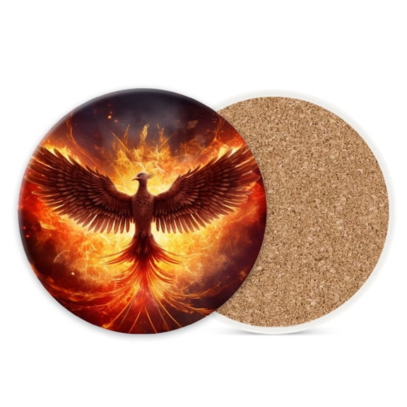 Ceramic Stone Cork Drink Coasters Set of 1, Majestic Phoenix Rising From Ashes Round Absorbent Non-Slip Durable Genuine Cork Stuffers Coasters for Coffee Bar Kitchen Office (4*4 Inch)