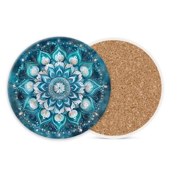 Ceramic Stone Cork Drink Coasters Set of 1, Mysterious Blue Mandala Art Round Absorbent Non-Slip Durable Genuine Cork Stuffers Coasters for Coffee Bar Kitchen Office (4*4 Inch)
