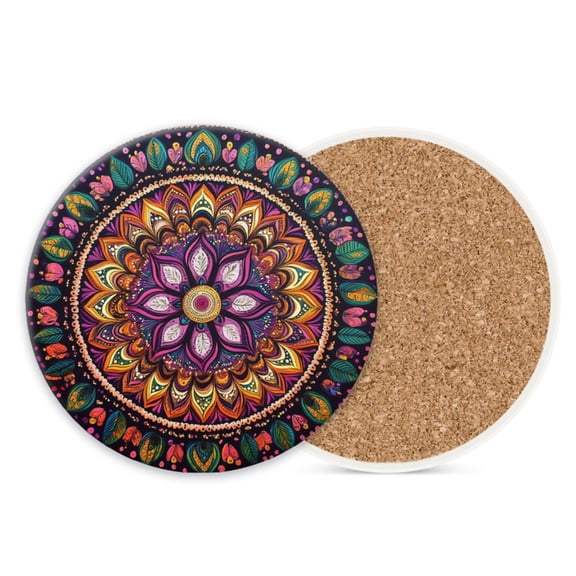 Ceramic Stone Cork Drink Coasters Set of 1, Purple and Orange Circular Mandala Pattern Round Absorbent Non-Slip Durable Genuine Cork Stuffers Coasters for Coffee Bar Kitchen Office (4*4 Inch)