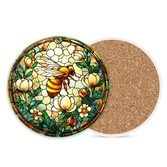 Ceramic Stone Cork Drink Coasters Set of 1, Stained Glass Style Bee Among White Flowers Round Absorbent Non-Slip Durable Genuine Cork Stuffers Coasters for Coffee Bar Kitchen Office (4*4 Inch)