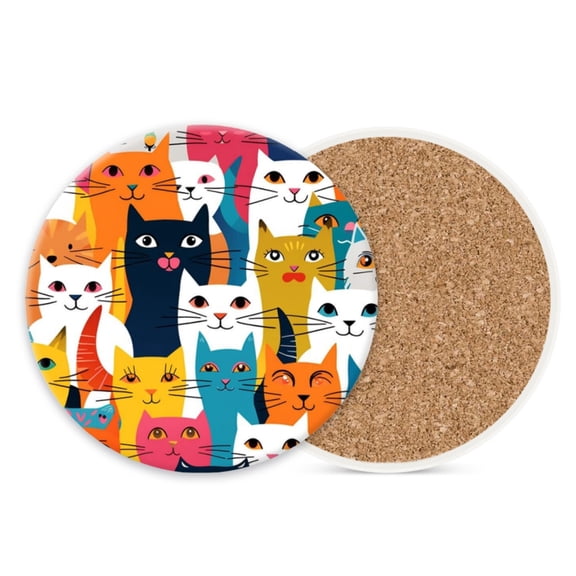 Ceramic Stone Cork Drink Coasters Set of 1, Vibrant Cartoon Cats Pattern Round Absorbent Non-Slip Durable Genuine Cork Stuffers Coasters for Coffee Bar Kitchen Office (4*4 Inch)