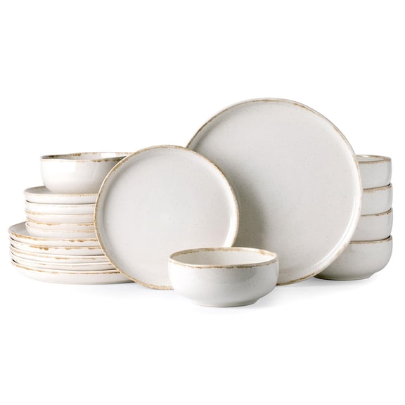 Ceramic Stoneware Dinnerware Set, Cappuccino Speckled Wavy Rim, Service for 6