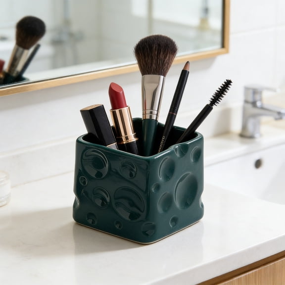 Ceramic Storage Jar - Cheese Shaped Organizer, Desktop Pen Holder & Countertop Cosmetic Container for Desk/Dresser, Single Piece (3.15x3.15in, 0.66lb)