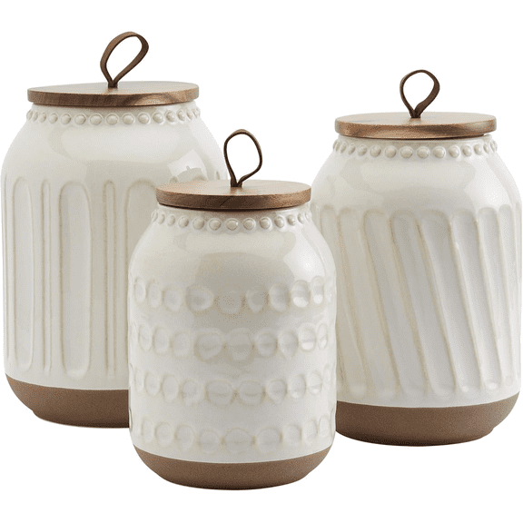 Ceramic Storage Jar Series - Stone Design Kitchen Storage, Embossed Acacia Wood White Set, 3-Piece Embossed White Storage Jar Set
