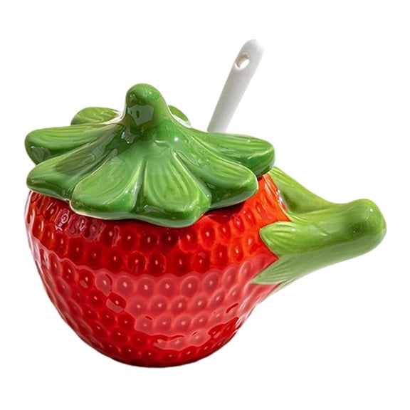 Ceramic Strawberry Spice Jar with Lid - Cute Hand-Painted Sugar Condiment Container