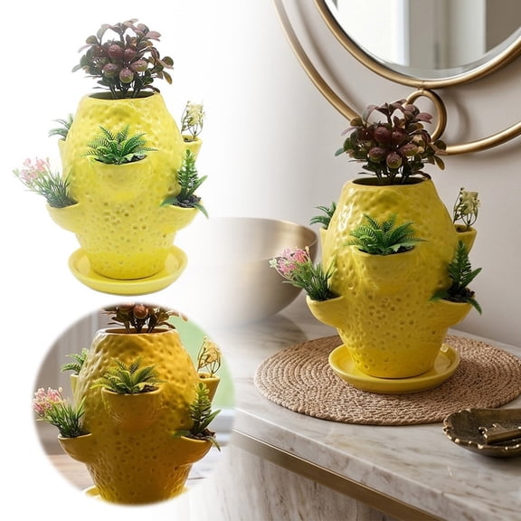 Ceramic Strawberry Tower Planter Pot, 6 Multi Pocket Design for Succulents, Vertical Flower Container with Terracotta Style, Indoor Outdoor Garden Balcony Decoration(Yellow,6.3x6.3x7.28in)