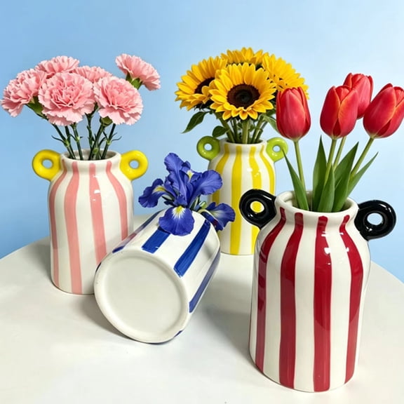 Ceramic Striped Flower Vase with Dual Handles, Hand Painted Small Decorative Vase for Flower, Pampas Grass, Wide Mouth Bud Vase for Living Room Kitchen