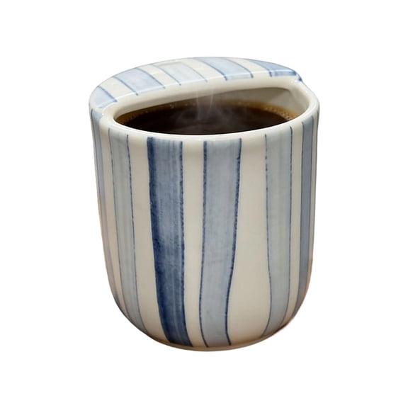 Ceramic Striped Handheld Mug With Sip Hole Heatproof For Hot And Cold Drink