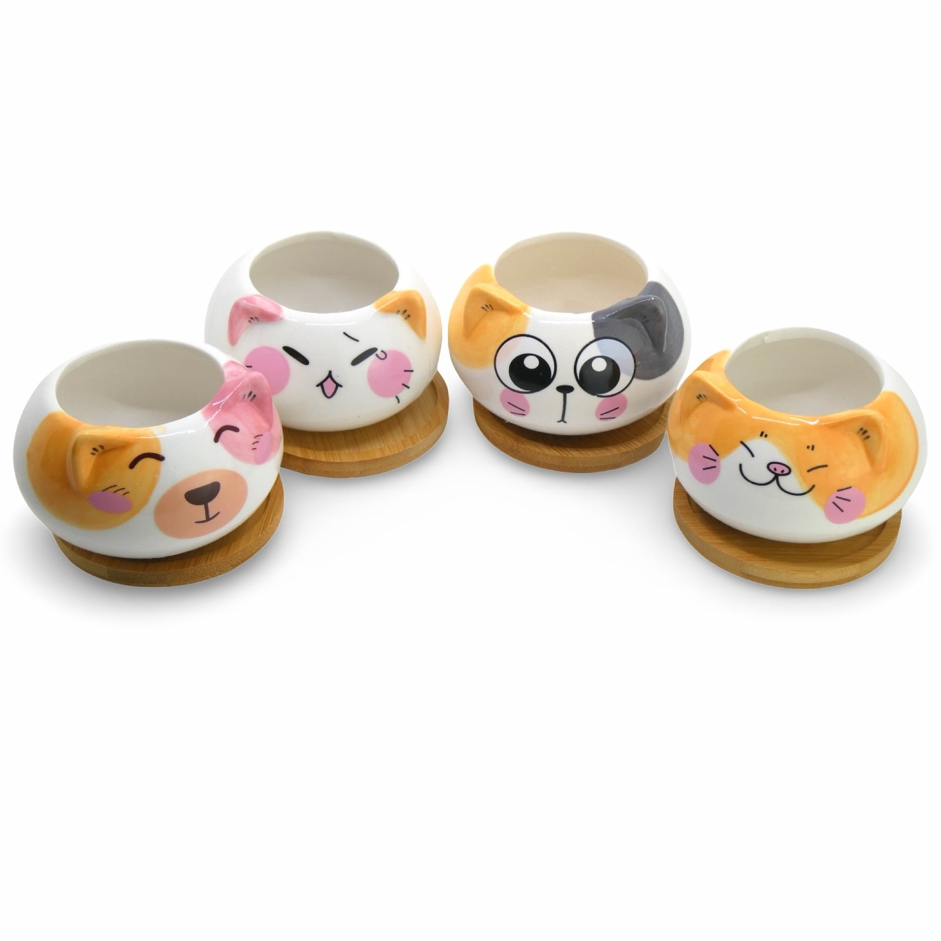 Ceramic Succulent Planters Set of 4 Cat Flower Pot Planting Pots for Garden Cactus Succulent Pot Mini Flower Pots with Bamboo base for Home Office Decoration Kids Room Plant Pot