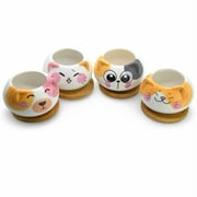 Ceramic Succulent Planters Set of 4 Cat Flower Pot Planting Pots for Garden Cactus Succulent Pot Mini Flower Pots with Bamboo base for Home Office Decoration Kids Room Plant Pot