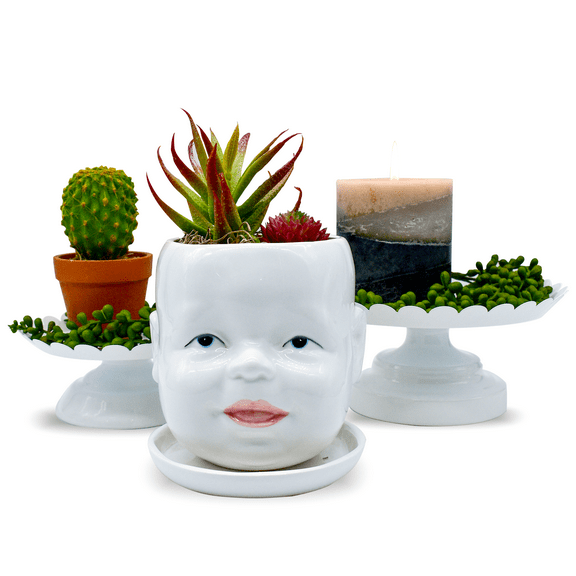 Ceramic Succulent Pot | Cute Indoor Outdoor Head Planter | Unique Novelty Face Dcor for Cactus, Plants, and Flowers - White