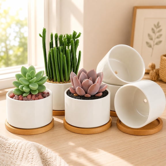 Ceramic Succulent Pots,3.6 Inch Plant Pots,Succulent Planters with Drainage Hole & Small Cactus Planters for for Indoor Plants, Succulent, Snake Plants, Cactus & Herbs, White,Home Office Table Decor