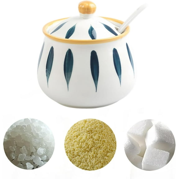 Ceramic Blue Sugar Bowl with Lid and Spoon for Salt Seasonings Tea 12oz