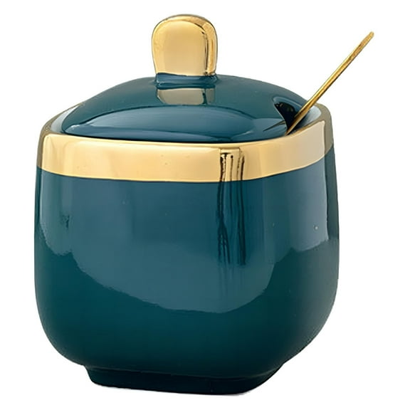 Ceramic Sugar Bowl Container with Lid and Spoon, Green Color, Independent Packaging Option, for Kitchen Countertop