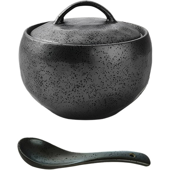 Ceramic Sugar Bowl with Lid and Spoon: Salt Bowl Seasoning Pot, 11oz/350ml Storage Jars with Lids, Soup Mug Soup Bowls Microwave Safe, Sugar Container for Kitchen and Home (Black 01 + Spoon)