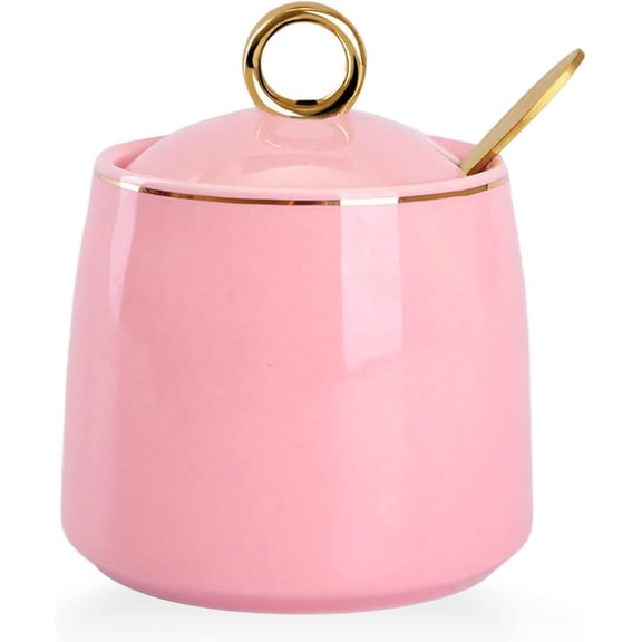 Ceramic Sugar Bowl with Lid and Spoon, Simple White Clear Porcelain Salt Bowl Salt Container, Modern Spice Box Seasoning Jar for Home and Kitchen Coffee Bar - Pink