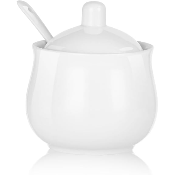 Ceramic Sugar Bowl with Lid and Spoon, White Porcelain Sugar Salt Pepper Storage Jar, 12 Ounces (White 12 OZ)