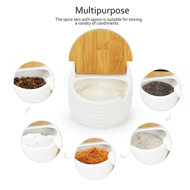 Ceramic Sugar Bowls Set of 3 Condiment Jar Spice Container with Bamboo Lids and Spoon Seasoning Pots CELLPAK