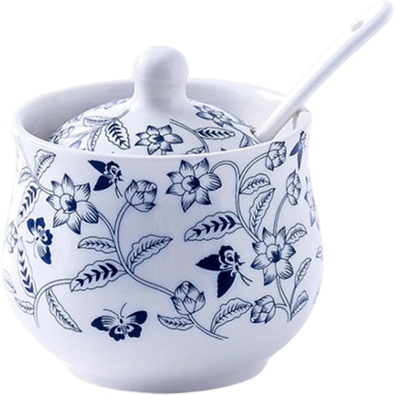Ceramic Sugar Container with Lid and Spoon, 200ml Salt Cellar for Pepper Spice Storage, Sugar Bowl for Kitchen Counter Storage, Dishwasher Safe (Blue and White)
