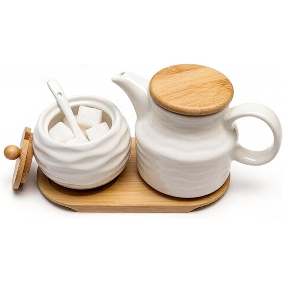 Ceramic Sugar and Creamer Container Set,12oz Cream Pitcher and 7.5oz Porcelain Sugar Bowl with Lid,Coffee Serving Set,Coffee Creamer and Sugar Set,Farmhouse Kitchen Home Cafe