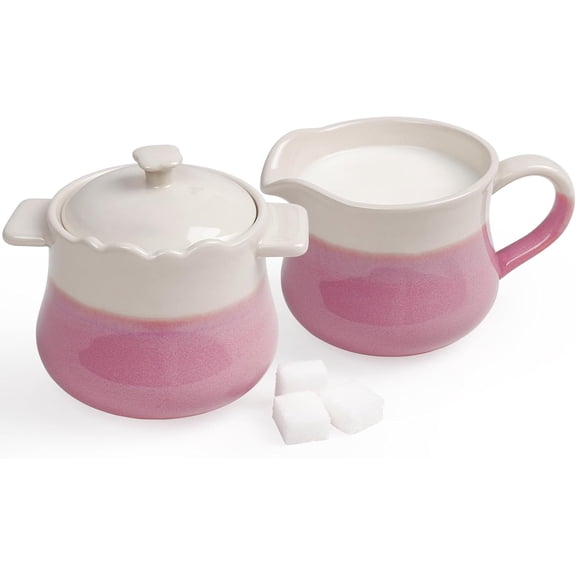 Ceramic Sugar and Creamer Set, 2-Piece French Style Cream Pitcher and Sugar Bowl with Lid, Coffee and Tea Serving Set for Home Kitchen, Microwave & Dishwasher Safe, Pink and Beige