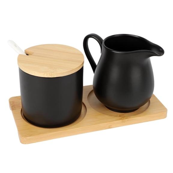 Ceramic Sugar and Creamer Set, 9oz Cream Pitcher and 8.45oz Sugar Bowl with Lid, Coffee Serving Set Coffee Bar Accessories for Wedding Gift, Microwave and Dishwasher Safe (Black)