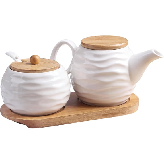 Ceramic Sugar and Creamer Set, Includes 11.8 oz Creamer Pitcher and 7.4 oz Sugar Bowl, Coffee Bar Serving Set with Wooden Tray & Lid, Porcelain Spice Container Set for Home Kitchen
