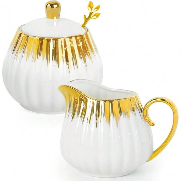 Ceramic Sugar and Creamer Set - Cream Pitcher with Lid, Sugar Bowl & Spoon, Container for Coffee Bar & Serving