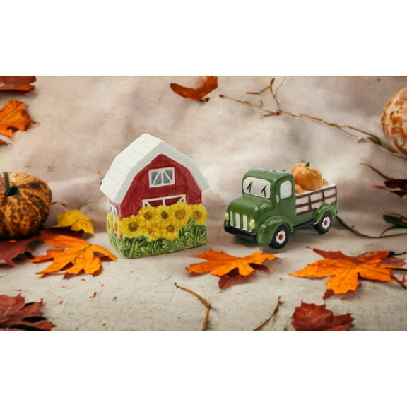 Ceramic Sunflower Barn Red Truck Pumpkins Salt Pepper Shakers