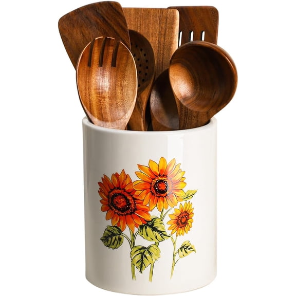 Ceramic Sunflower Printed Kitchen Utensil Holder, Large Sunflower Cooking Utensil Crocks for Kitchen Countertop, Ceramic Utensil Organizer for Spatula-C