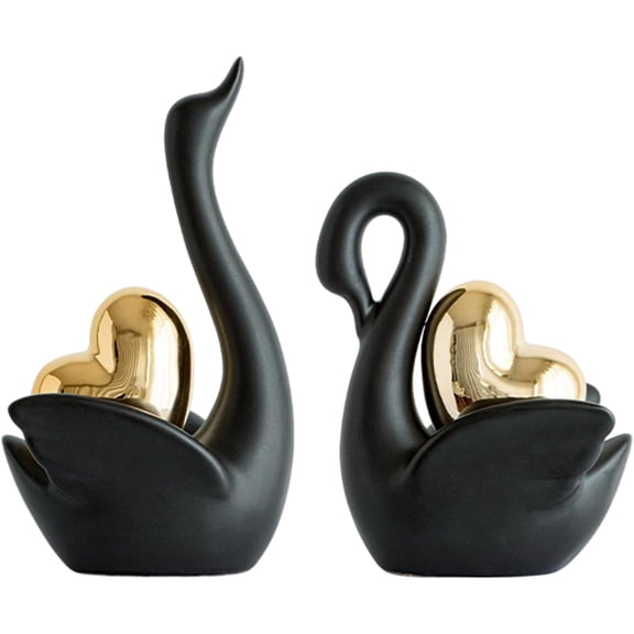 Ceramic Swan Couple Figurines Heart Shape for Living Room Bedroom Shelf, Valentine Wedding Decorative Sculptures(black)