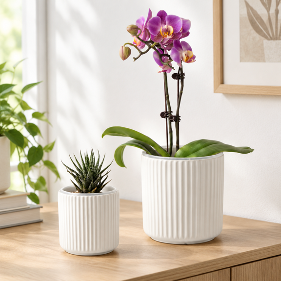 Ceramic Swatering Pots For Indoor 6.4"&4" Cachepot White