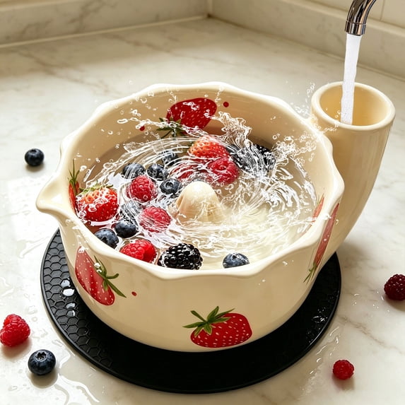 Ceramic Swirl Rinsing Berry Bowl, Ceramic Berry Bowl with Drain Holes, Self Spinning Berry Washer Bowl Fruit Rinse Bowl for Kitchen Vegetable and Fruit