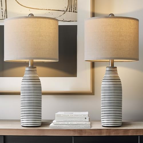 Ceramic Table Lamps Set of 2 Beside Lamps for Living Room Modern Bedroom Lamps for Night Stands with Rotary Switch Black and White Stripes