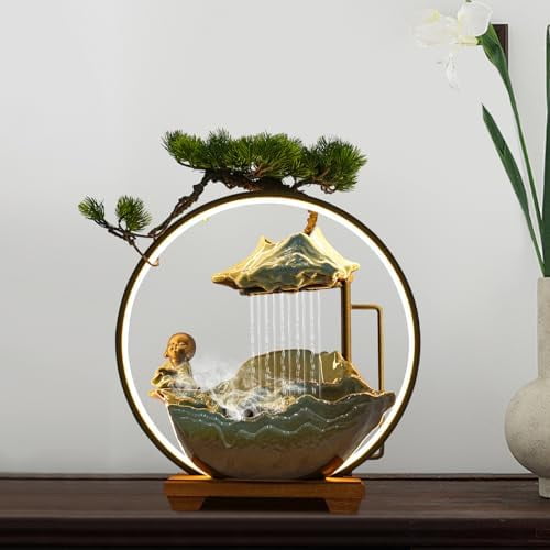 Ceramic Tabletop Fountain with Wood Stand, Indoor Waterfall Feature for Home Office Desk,Desktop Water Fountain Asian Zen Decor with LED Light for Relaxation$$Home Decor, Kitchen, & Other
