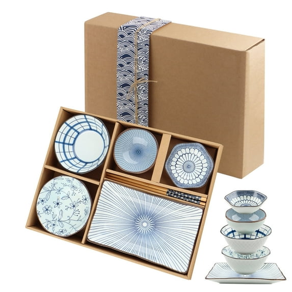 Ceramic Tableware 7 Piece Set - 2 Bowls + 2 Mixing Dish + 2 Bamboo Chopsticks + 1 Plate ,Household Dish Set