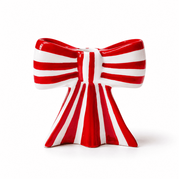 Ceramic Taper Candle Holder, RedWhite Striped with Bow Decor, Long Stem Candlestick for Taper Candles, 2.1cm Hole, Decorative Table Centerpiece for Christmas & Daily Home Decor