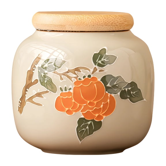 Ceramic Tea Canister Gift Set, 8.1 fl oz / 241 ml Tea Storage Container, Creative Hand-Painted Relief, Small Tea Jars with Wooden Lid, Kitchen Tea Organizer, Household Sealed Ornament