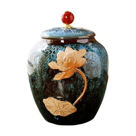 Ceramic Tea Canister With Lid And Carrying Handle For Kitchen Counter, Pantry, Decorative Jar