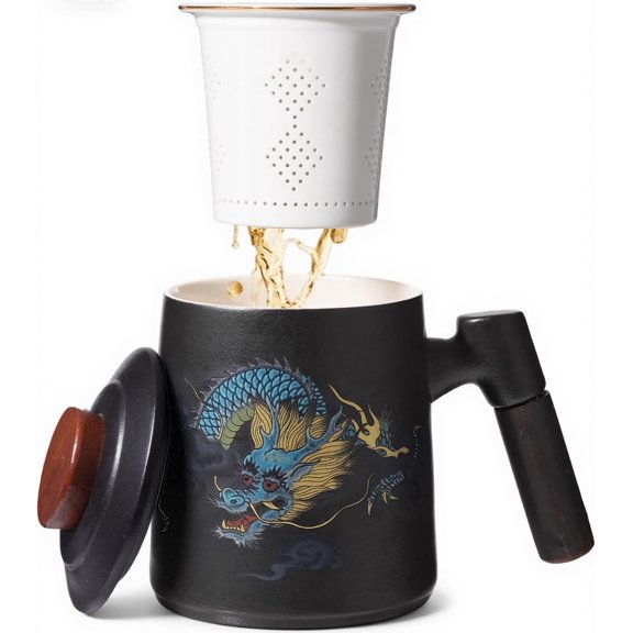 Ceramic Tea Cup with Infuser and Lid, 13.5 oz Tea Mug for Loose Leaf Tea,Wood Handle,Chinese Dragon Design,All Porcelain Strainer,BPA-Free, Perfect for Tea Lovers/Birthday/Easter (Black